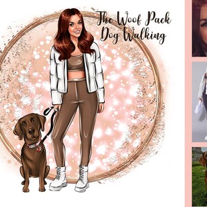 May include: A woman in a white puffer jacket and brown pants is walking a brown Labrador Retriever. The text "The Woof Pack Dog Walking" is written in the background.