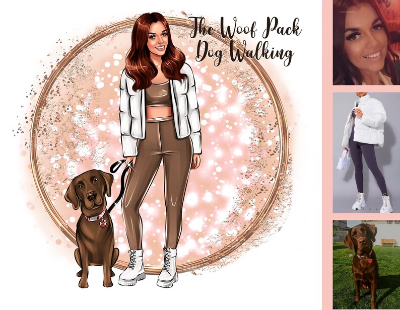 May include: A woman in a white puffer jacket and brown pants is walking a brown Labrador Retriever. The text "The Woof Pack Dog Walking" is written in the background.