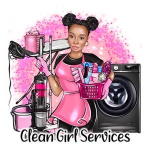 Pu&ograve; includere: Un'illustrazione di cartone animato di una donna con un grembiule rosa che tiene un cesto di prodotti per la pulizia. La donna &egrave; in piedi davanti a una lavatrice e un aspirapolvere. Il testo "Clean Girl Services" &egrave; in fondo all'immagine.