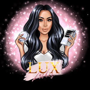 K&ouml;nnte beinhalten: Illustration einer Frau mit langen schwarzen Haaren, die einen Kompaktpuder und eine Schale mit falschen Wimpern h&auml;lt. Das Bild hat einen rosa und schwarzen Hintergrund mit dem Text "LUX Lashes" in Gold und Rosa.