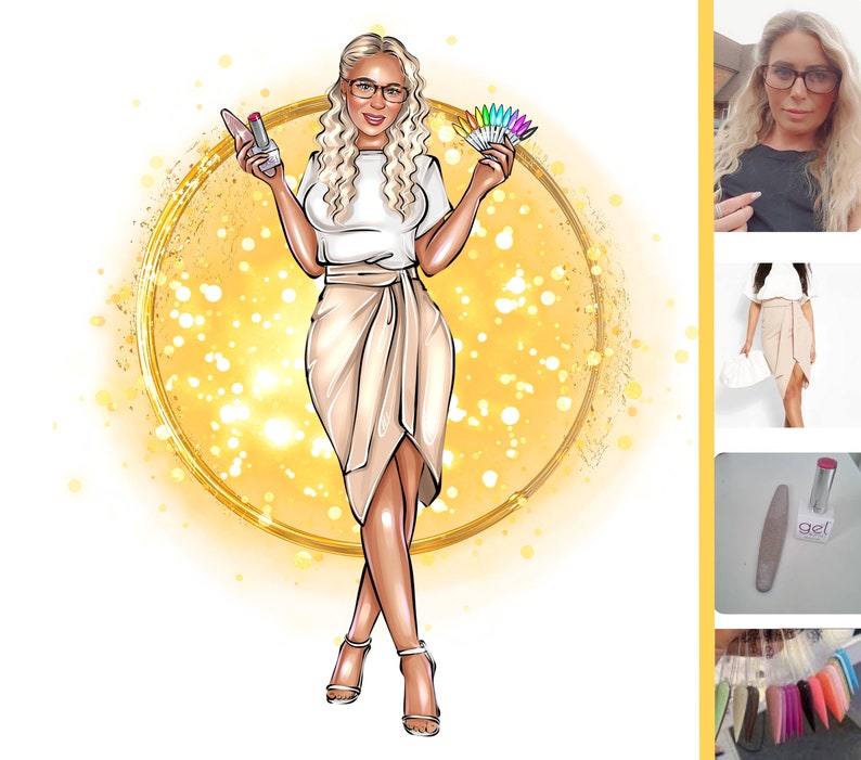 May include: A woman with blonde hair and glasses is holding a fan of nail polish colours and a lipstick. She is wearing a white shirt and a beige skirt. The background is a gold circle with a sparkle effect.