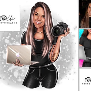 May include: A digital illustration of a woman holding a camera and a laptop. She is wearing a black shirt, black pants, and has long pink hair. The background is a silver and white speckled pattern. The text "Klc Photography" is in the top left and bottom right corners of the image.