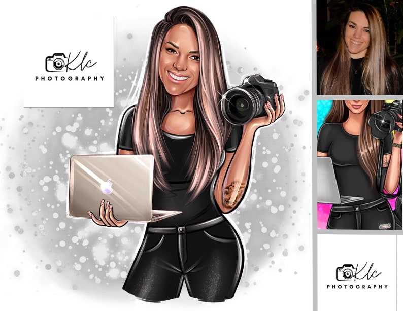 May include: A digital illustration of a woman holding a camera and a laptop. She is wearing a black shirt, black pants, and has long pink hair. The background is a silver and white speckled pattern. The text "Klc Photography" is in the top left and bottom right corners of the image.