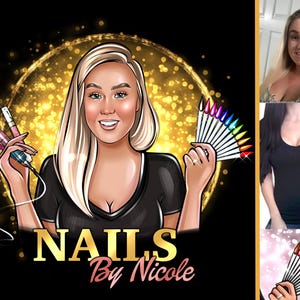 May include: A cartoon logo for a nail artist, featuring a smiling woman with blonde hair holding nail tools and a fan of colorful nail polish samples. The text "NAILS By Nicole" is displayed in gold lettering against a black background with a gold glitter effect.