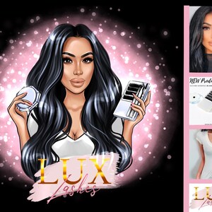 K&ouml;nnte beinhalten: Illustration einer Frau mit langen schwarzen Haaren, die einen Kompaktpuder und eine Wimperntasche h&auml;lt. Das Bild hat einen rosa und wei&szlig;en Hintergrund mit dem Text "LUX Lashes". Zus&auml;tzliche Bilder zeigen eine Frau, Wimpernprodukte und ein wei&szlig;es T-Shirt.