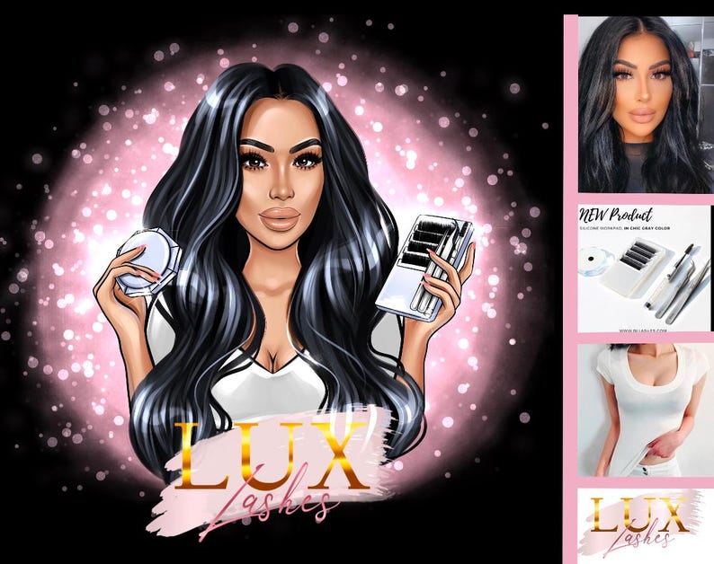 K&ouml;nnte beinhalten: Illustration einer Frau mit langen schwarzen Haaren, die einen Kompaktpuder und eine Wimperntasche h&auml;lt. Das Bild hat einen rosa und wei&szlig;en Hintergrund mit dem Text "LUX Lashes". Zus&auml;tzliche Bilder zeigen eine Frau, Wimpernprodukte und ein wei&szlig;es T-Shirt.