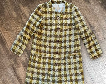 Mod Plaid Nubby Wool 3/4 Length Coat Vintage 60s-70s