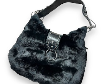 Black Rabbit Fur Shoulder Bag Aqua Madonna