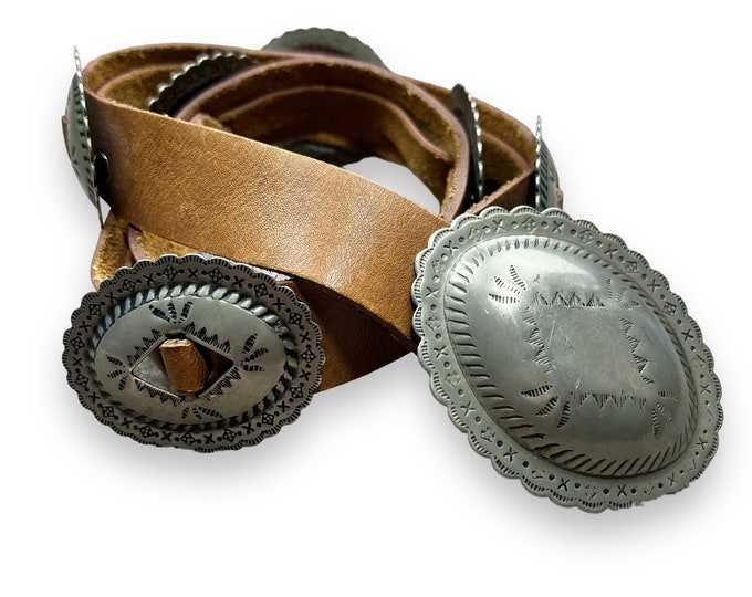 Old West Nickel Silver Concho Belt on Brown Leather