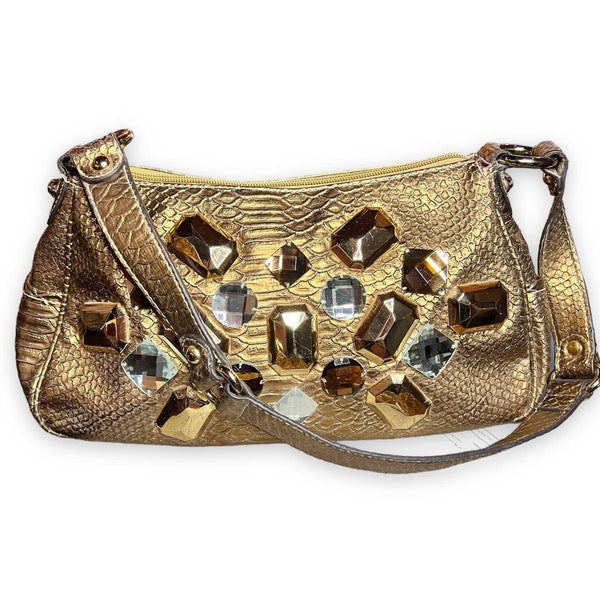 Y2K Jeweled Faux Gold Leather Handbag - Kathy Van Zeeland