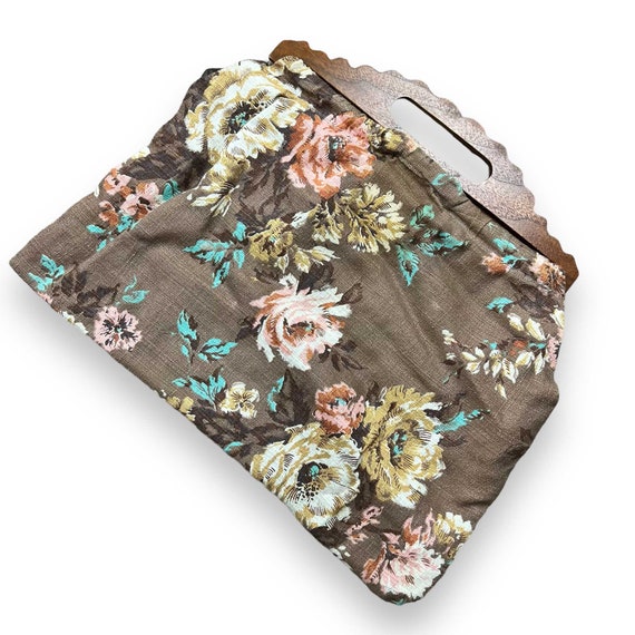 Fabric Floral Purse Wooden Handles - image 2