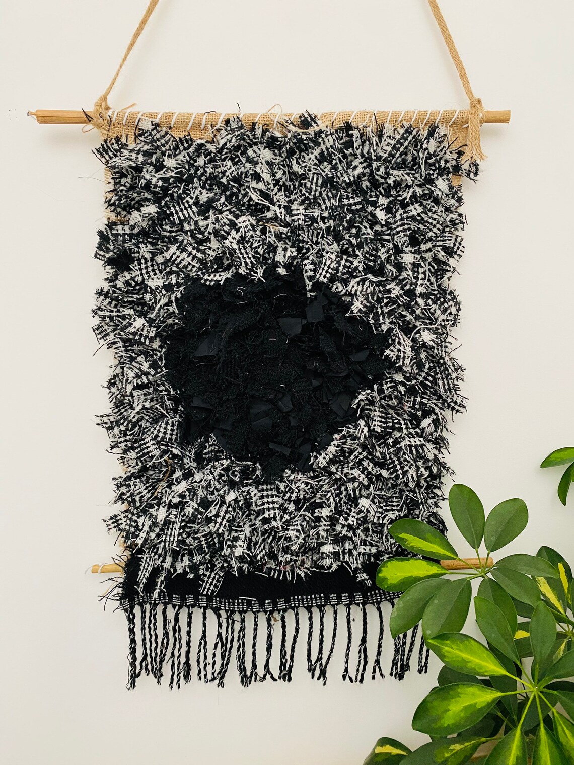 Rag rug wall hanging black and white Etsy