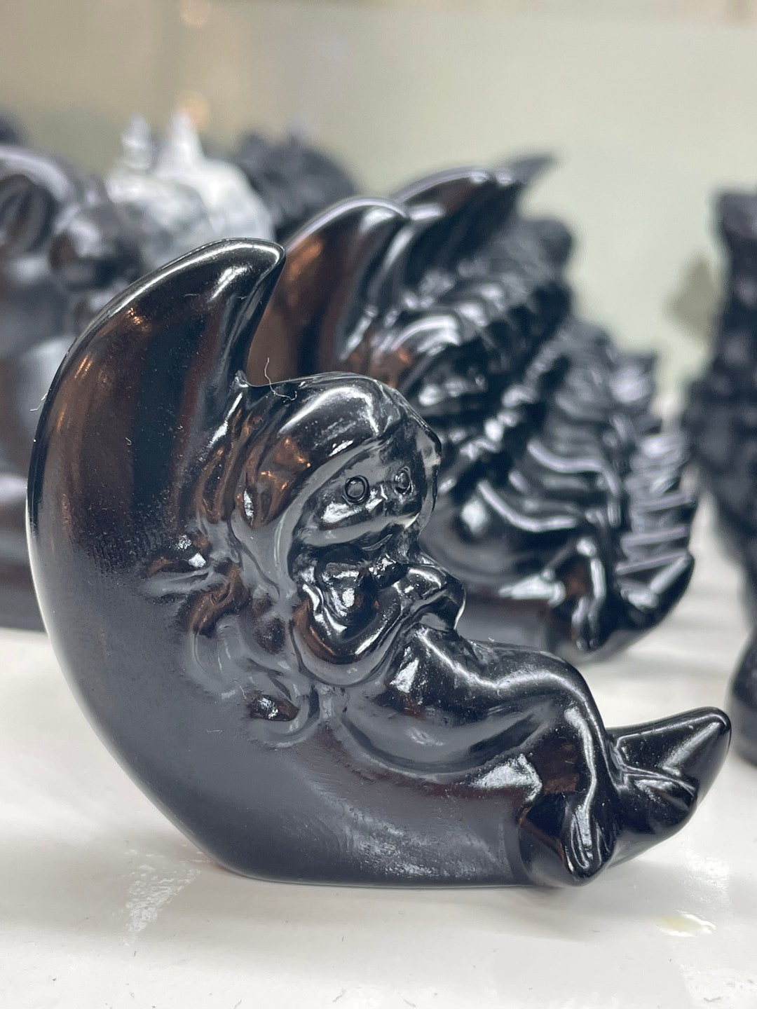 Black Obsidian Mermaid on the Moon crystals Carvings Altar Etsy