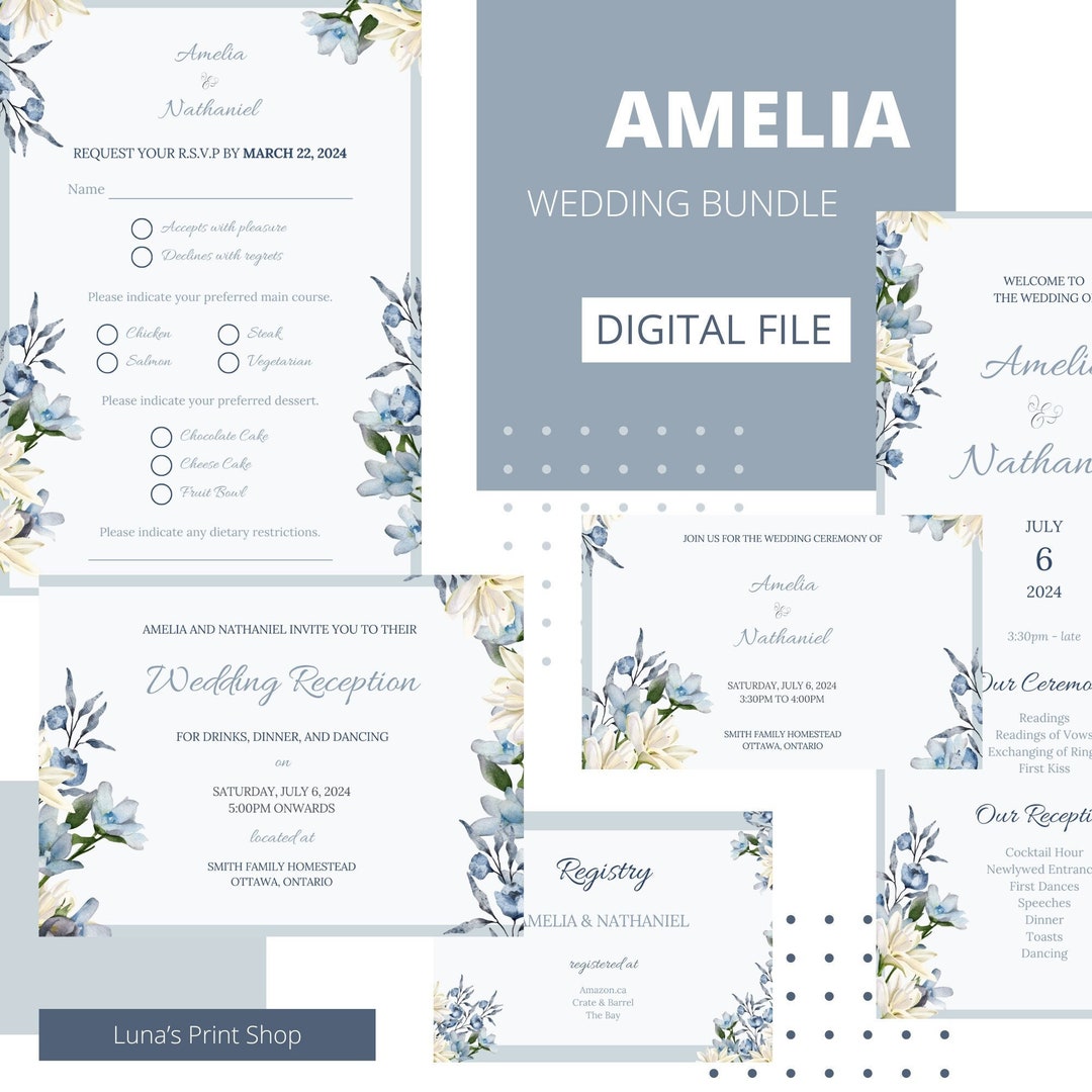 Amelia Customised Printable Blue Wedding Invitation Set basic Bundle ...
