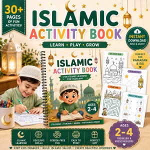 Op de afbeelding: Een islamitisch activiteitenboek voor peuters, met kleurplaten, spoorzoeken en doolhoven. De omslag toont de titel in kleurrijke letters, met illustraties van kinderen en islamitische beelden. Bevat de tekst "Learn, Play, Grow" en "Instant Download Print & Enjoy!"