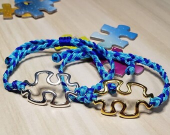 Autism Awareness Braided Bracelet: Puzzle Piece, Blue Nylon