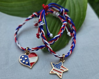 4th of July Braided Bracelet: Patriotic Charm Jewelry, Red white and blue