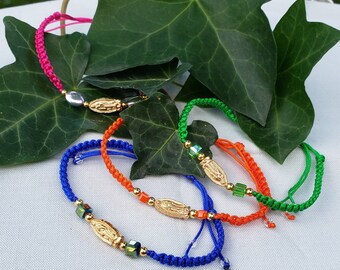 Virgen de Guadalupe Bracelet: Handwoven Nylon, Gold Charm, Adjustable