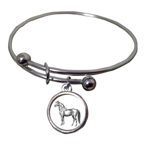 Expandable Silver Plated Bangle with Equestrian Charm, Warmbloods + Wine Collection for the Horse Lover