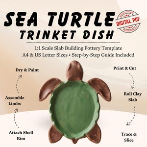 May include: A digital PDF template for a sea turtle trinket dish. The image shows a brown and green turtle-shaped pottery piece with text instructions: Print & Cut, Roll Clay Slab, Trace & Slice, Attach Shell Rim, Assemble Limbs, and Dry & Paint.