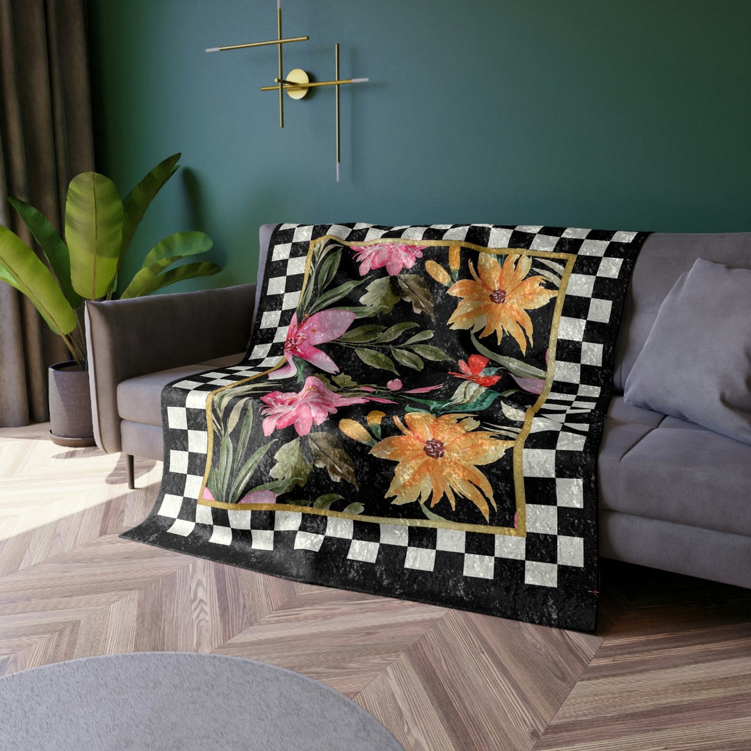 Crushed Velvet Blanket Spring Flowers Black and White Check Blanket