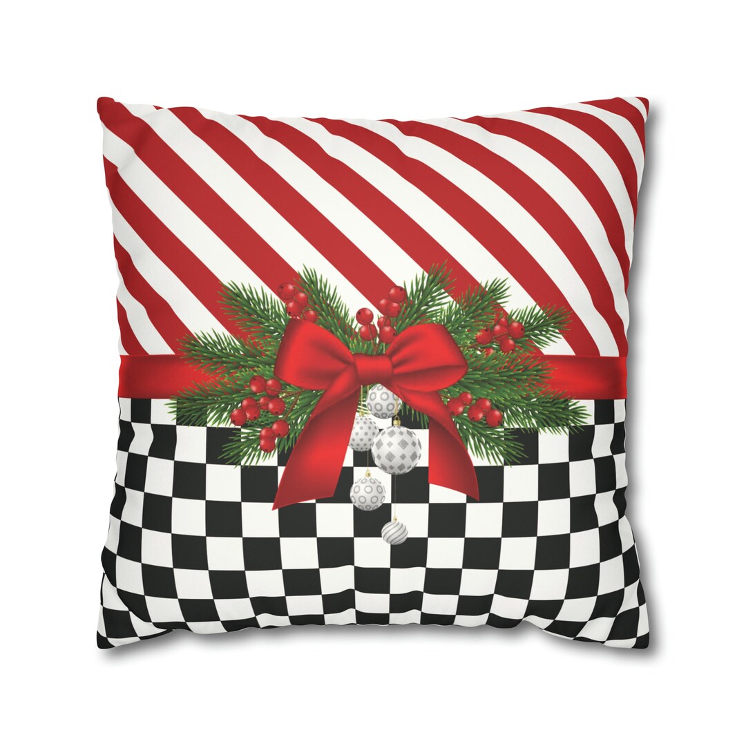 Black and White Check Christmas Pillow COVER Red and White Striped