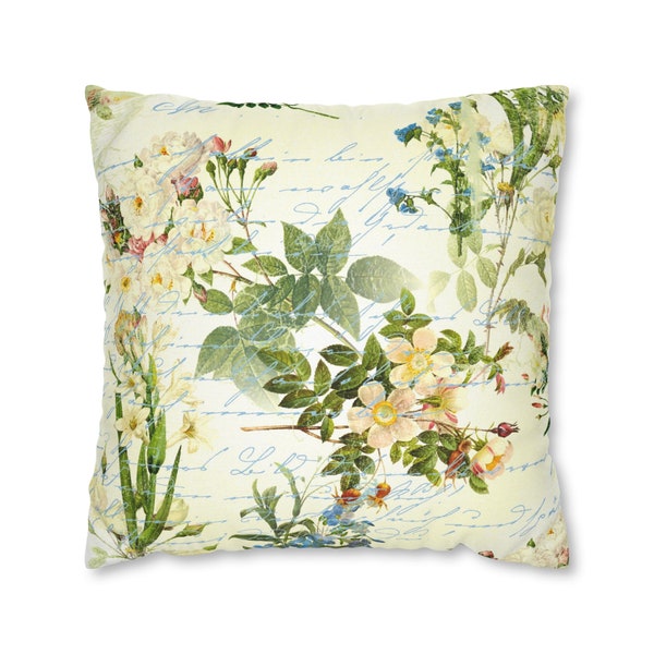 Botanical Pillow Cover Herbs and Flowers Cushion Cover Shabby Chic Floral Pillow Country Chic Throw Pillow Sage and Cream Cottagecore Pillow