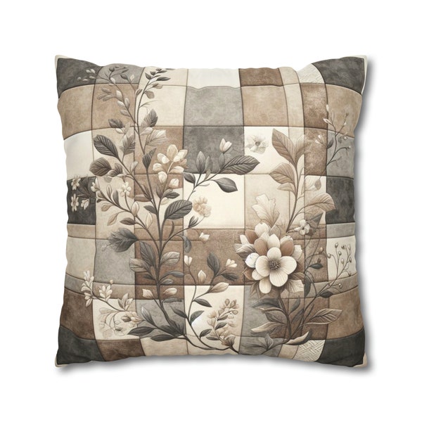 Modern Farmhouse Neutral Block Print Pillow COVER Faux Suede Cottage Gray Geometric Cushion Cover Brown and Ivory Floral and Leaf Pillow