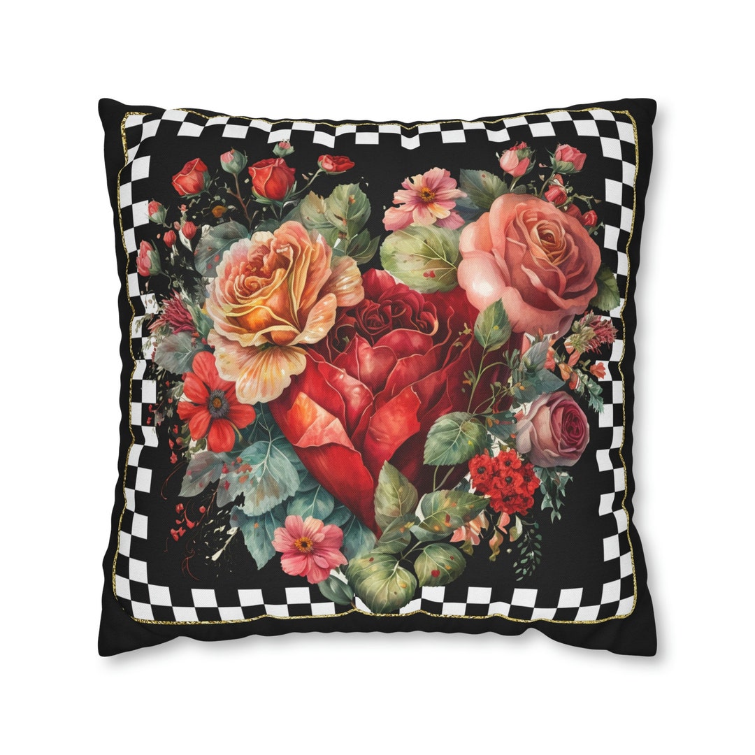 Heart Pillow Cover Black and White Check Pillow COVER Red Roses