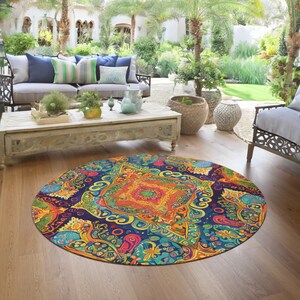 Round Bohemian Hippie Area Rug Colorful Boho Floor Mat Hippie Style Circular Rug Round Moroccan Rug 5 Foot Round Sunset Beach Colors