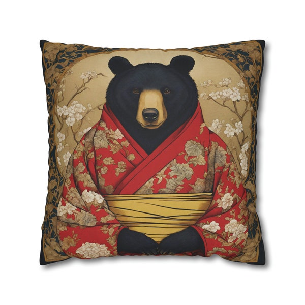 Bear Pillow COVER Black Bear Cushion Cover William Morris Inspired Bear Art Asian Bear in Kimono Art Nouveau Asian Pillow Japanese Art