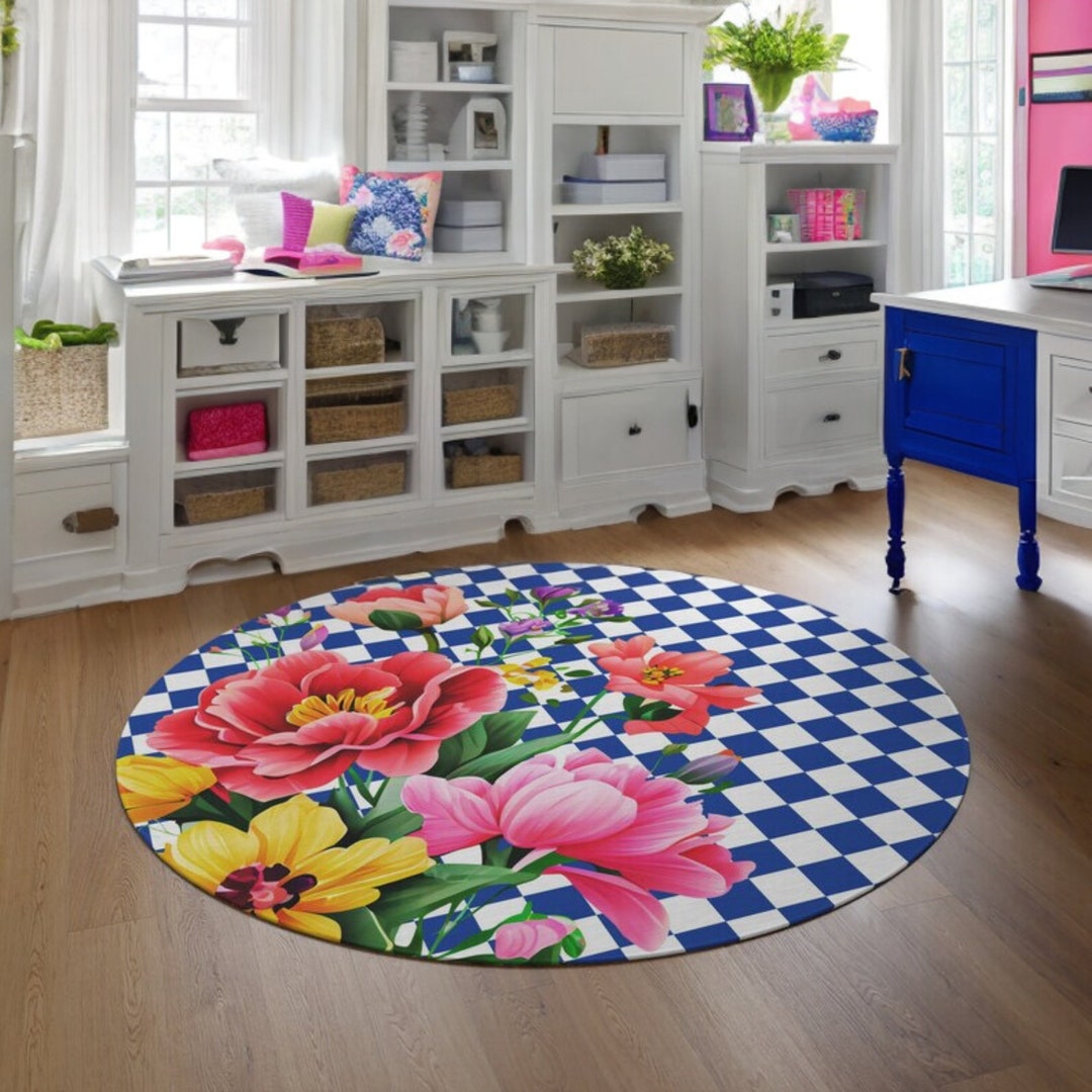 Royal Blue and White Checkered Area Rug Mat Circular Rug With Etsy