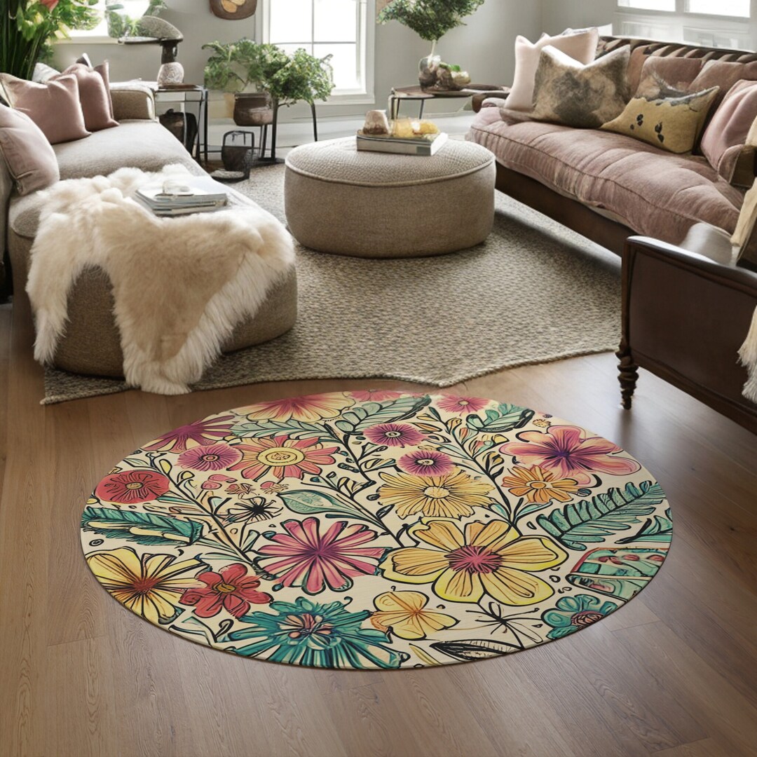 Round Retro Boho Floral Rug Mat Circular Hippie Chic Floral Etsy