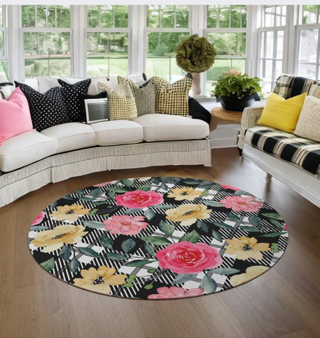 Black and White Buffalo Check Round Area Rug Mat Spring Floral Etsy