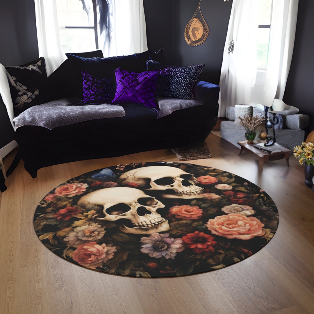 Round Dark Academia Skull Rug Mystic Skull Floor Mat Flowers and Skulls ...