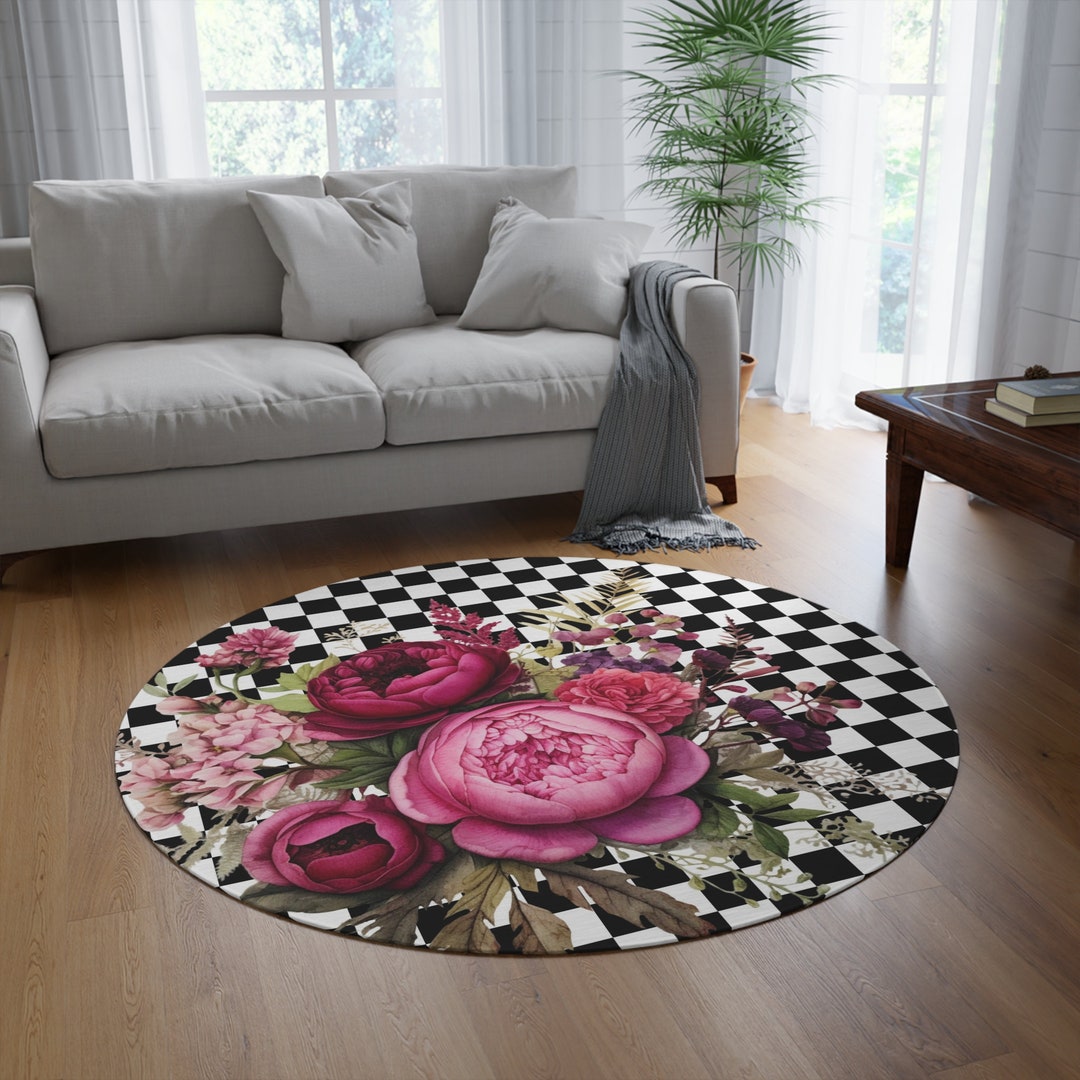 Modern Farmhouse Black and White Check Rug Fuchsia Floral Area - Etsy