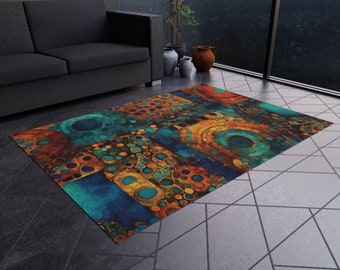 Abstract Art Nouveau Rectangular Rug Gustav Klimt Inspired Blue and Copper Area Rug 70s Retro Rug Boho Mat Home Gift Funky Rug