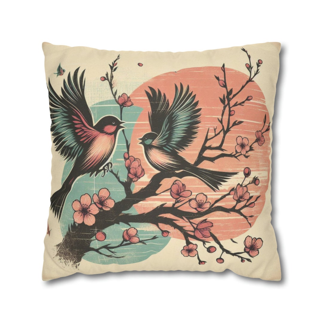Retro Birds Pillow COVER Cherry Blossom Tree Cushion Midcentury Modern