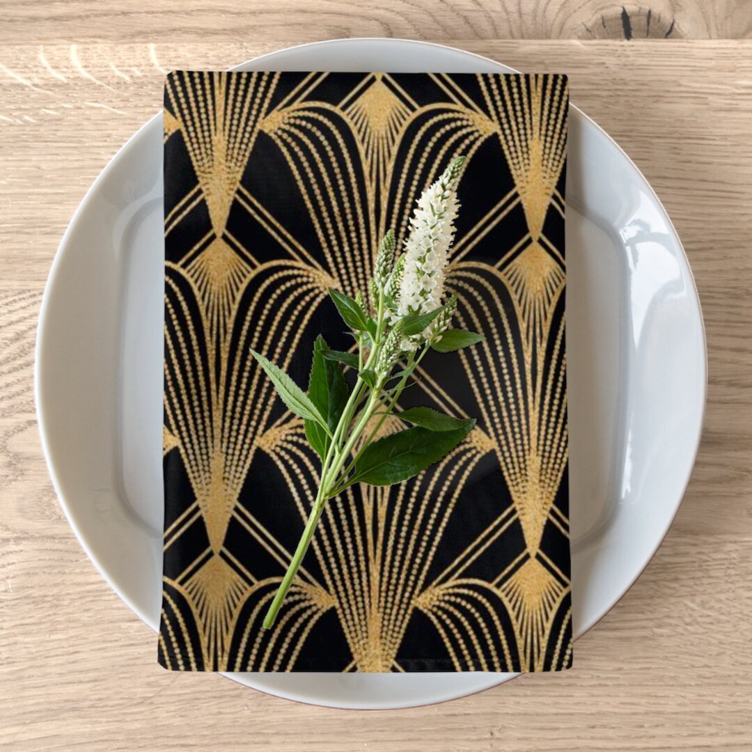 Black and Gold Art Deco Cloth Napkins Set of 4 Fancy Fabric Dinner