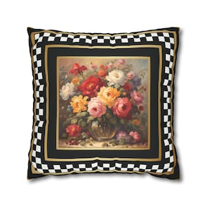 Black and White Check Flower Pillow Cover Antique Rose Cushion Cover Designer Floral Pillow Vintage Inspired Pillow Topper Home Gift