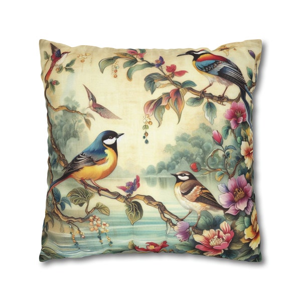 Bird Pillow COVER Chinoiserie Cushion Cover with Birds Oriental Bird Pillowcase Asian Botanical Pillow Cover Asian Decor Home Gift