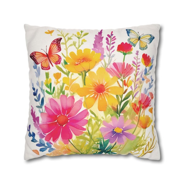 Wildflower Pillow COVER Watercolor Butterfly Cushion Cover Decorative Spring Floral Throw Pillow Cover Vibrant Summer Toss Pillow