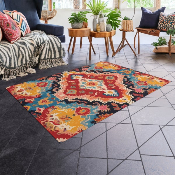 Bohemian Hippie Style Area Rug Vibrant Colorful Maximalist Non-Slip Mat Boho Mat Moroccan Inspired Rug Funky 70s Style Rectangular Rug