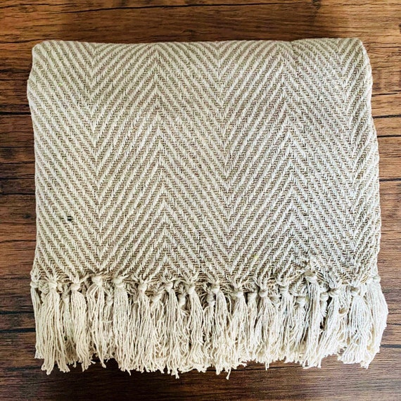 Hand Woven Throw Blanket Beige & White Chevron CAIRO Etsy