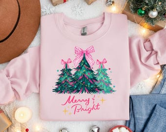 Christmas Sweatshirt, Merry & Xmas Tree Sweater Pink Holiday Festive Bow Lights Pullover Cute Jolly Tee Merry Christmas Mom Crewneck