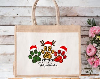 Custom Vet Tech Christmas Jute Bag, Christmas Gift, Personalized Veterinary Technician Jute Bag, Vet Tech Xmas Jute Bag, Vet Tech Gift