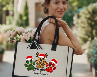 Custom Vet Tech Christmas Tote Bag, Personalized Veterinary Technician Tote Bag, Vet Tech Christmas Gift, Vet Tech Bag, Vet Tech Xmas Bag