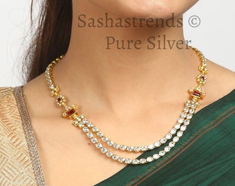 925 Silver necklace/ Vibhuti 2 line white stone necklace/ 925 silver jewelry/temple jewelry /bridal/dance jewelry /Indian wedding jewelry