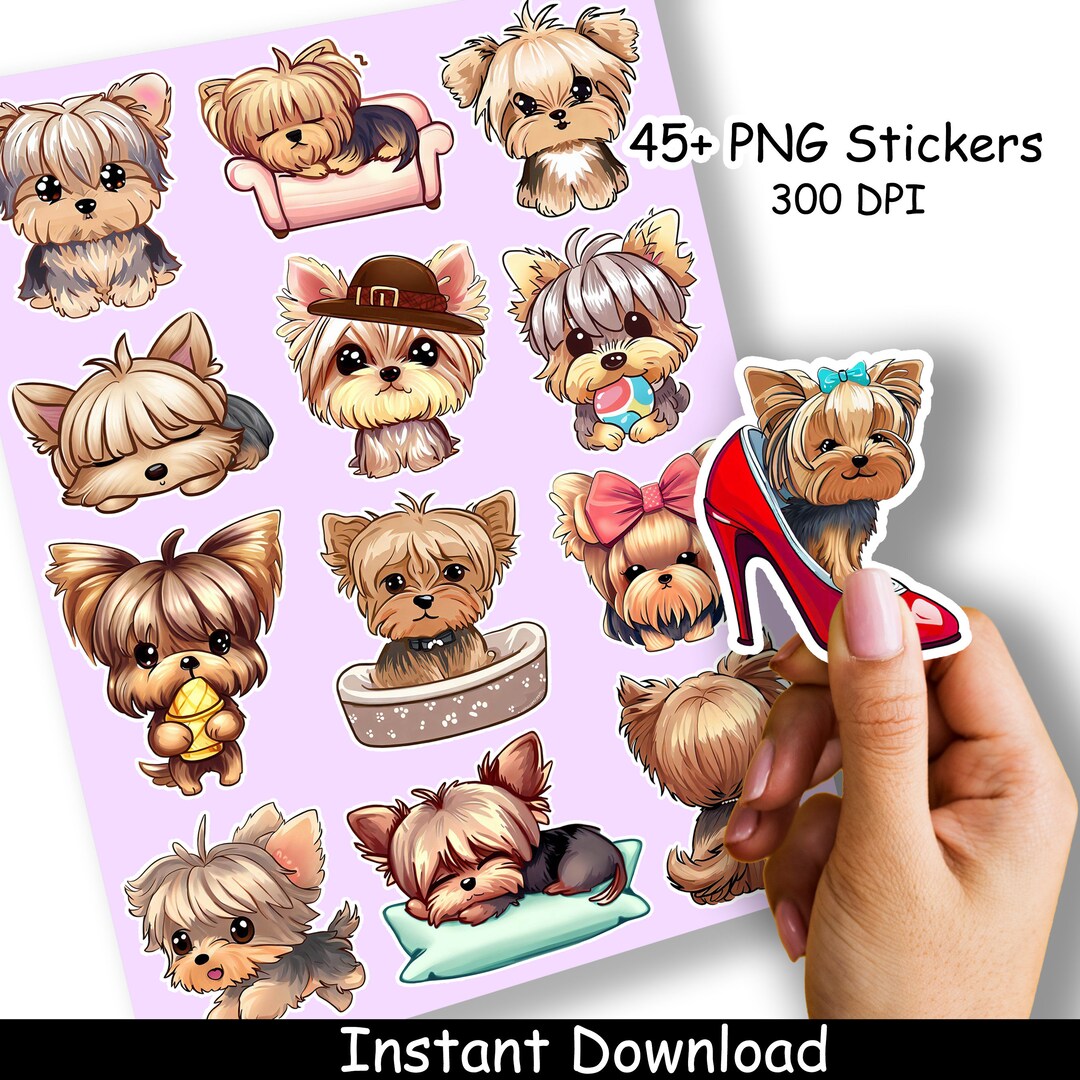 Cute Yorkie Clipart, Digital PNG Stickers, Cute Kawaii Style