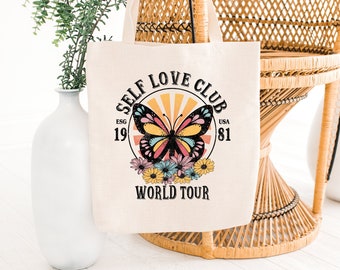 Tote bag Self Love Club  - Summer bag - Retro Shopping Bag - Butterflly bag- Festival Tote bag- Aestetic tote bag
